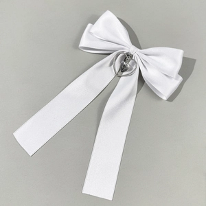 Elegant white satin bow hair clip with silver heart and cross charm in sweet style