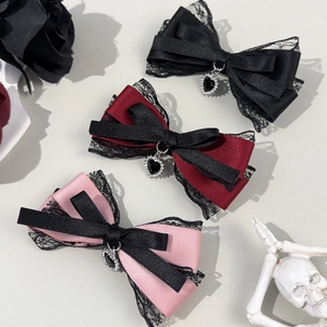 Barrette à Cheveux Nœud en Dentelle Gothic Lolita Avec Pendentif Cœur en Strass Style Sombre Ruban de Satin Accessoires Femme