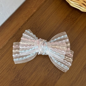 Rainbow ribbon mesh bow hair clip for women with colorful embroidery on white mesh