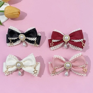 Pinza para el Pelo Lolita con Lazo de Satén y Encaje con Perla Artificial de Imitación y Colgante de Estrella Vintage para Mujer