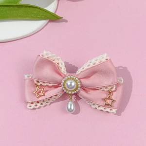 Lazo para el pelo Lolita rosa con encaje blanco, estrellas y colgantes de perlas para cosplay