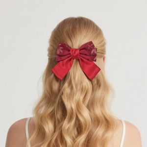 Elegant red bow hair clip with lace embroidery on blonde wavy hair for festive look