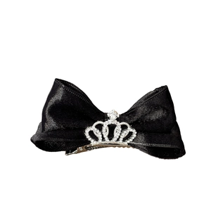 Elegant black satin bow hair clip featuring a sparkling rhinestone silver crown center