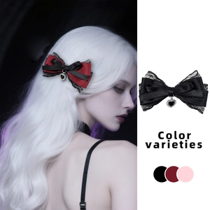 Barrette à nœud gothique en dentelle avec pendentif cœur en strass, noir et rouge