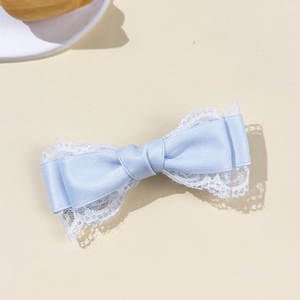 Sweet light blue ribbon bow hair clip with white lace trim for girls elegant hair accessory