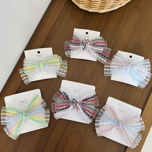 Sweet Mesh Bowknot Hair Clip And Hair Rope Rainbow Ribbon Wave Pattern Handmade Headwear For Women Girls Daily Accessory