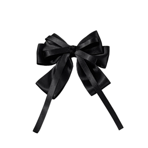 Elegant black satin ribbon bow hair clip for women with delicate multi-layer streamers