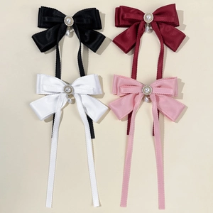 Elegant Satin Bow Hair Clip With Long Streamer Artificial Pearl Rhinestone French Ribbon Barrette For Women Wedding Party