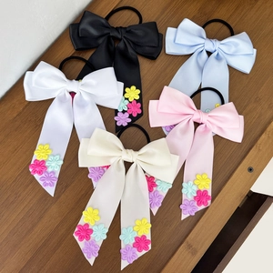 Femme Doux Satin Nœud Ruban Élastique Cheveux Avec Broderie de Fleurs Élégant Long Ruban Élastique Queue de Cheval Accessoire