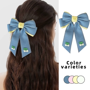 Simpatico Fermaglio per Capelli con Fiocco in Denim con Ricamo Ciliegia Nastro a Contrasto Elegante Accessori per Capelli Donna