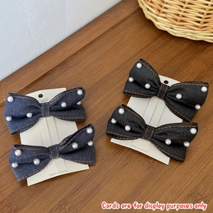 Barrette Cheveux Nœud en Denim Doux Avec Fausse Künstliche Perle Style Mori Girl Bleu Marine Noir Accessoires Cheveux Femme