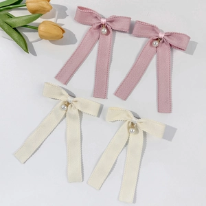 Vintage Ribbon Bow Hair Clip For Women Sweet Lace Edge Duckbill Clip White Faux Artificial Pearl Pendant Elegant Hair Accessories