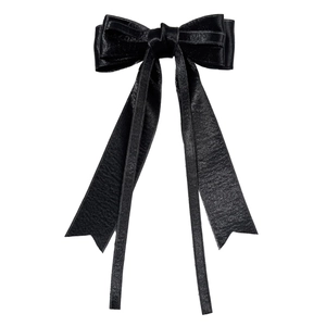 Elegant black satin ribbon hair clip with layered bow and long swallowtail streamers