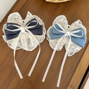 Pince à Cheveux Nœud en Denim Doux Avec Dentelle et Fausse Künstliche Perle Ruban Flottant Style Fée Accessoires Cheveux Princesse