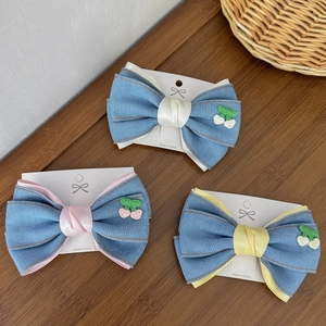 Exquisite Denim Schleife Haarclip Mit Kirschstickerei Koreanischen Stil Süße Band Feder Clip Für Damen Mädchen Haarschmuck