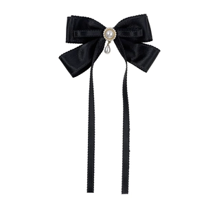 Elegant Korean style black ribbon bow hair clip with pearl tassels and satin texture