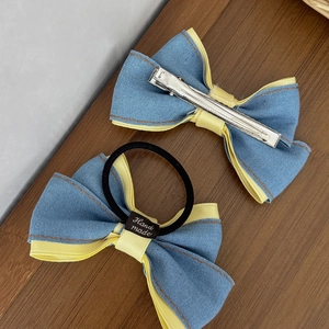 Ensemble barrette et élastique à nœud en jean avec étiquette fait main chic