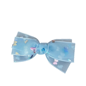 Sweet light blue mesh bow hair clip featuring colorful butterfly prints for girls