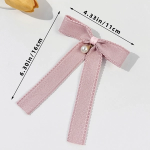 Pink ribbon bow hair clip with pearl pendant, elegant Korean style hair accessory for women