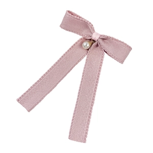 Elegant dusty pink ribbon bow hair clip with pearl pendant in vintage Korean style