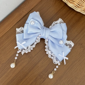 Barrette à nœud Lolita bleu clair élégante avec dentelle blanche et pendentif en perles