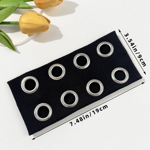 Hip-hop punk style wide black elastic headband with silver metal hollow eyelets 9x19cm