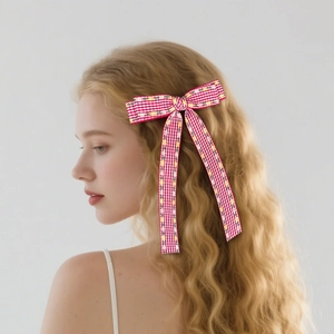 Barrette à cheveux nœud vichy rouge avec fleurs brodées et longs rubans pour femmes