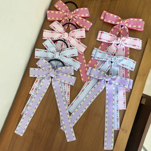 Barrette à Nœud Vichy Douce Avec Longs Rubans Broderie Florale Élastique à Cheveux en Ruban Fait Main pour Femmes Filles