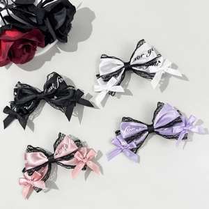 Japanese Lolita Ribbon Lace Bow Hair Clip Sweet Gothic Letter Print Alligator Clip Handmade Hair Accessory For Women Girls