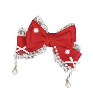 Barrette nœud Lolita rouge et blanc avec pompons en perles et couches de satin