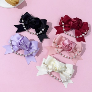 French Vintage Satin Rose Bowknot Hair Clip With Artificial Pearl Tassel Elegant Flower Side Clip Fairy Style Hair Accessories For Women