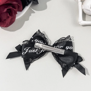 Gothic black lace bow hair clip with 'Just for you' print and silver metal duckbill clip