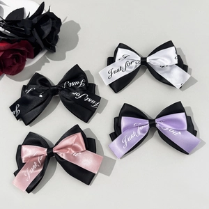 Gothic Lolita Satin Ribbon Bow Hair Clip For Women Sweet Cool Letter Print Side Clip Halloween Cosplay Hair Accessories