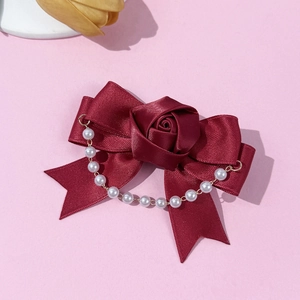 Elegant dark red satin bow hair clip with central rose and dangling white faux pearls