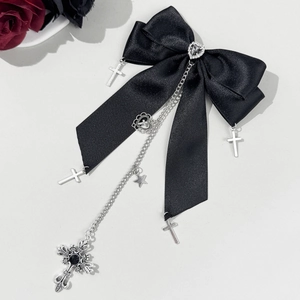 Pince à cheveux gothique avec nœud en satin noir, croix argentées et cristal de cœur