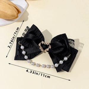Eleganter Lolita Haarclip mit schwarzer Spitzenschleife Perlenkette und Herz Edelstein