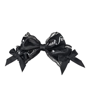 Lolita style black lace bow hair clip with satin ribbon and heart print decoration