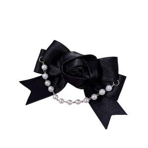 French vintage black satin bow hair clip with fabric rose and pearl tassel detailing