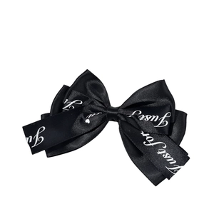 Black satin bow hair clip with white Just for You lettering in a sweet lolita style