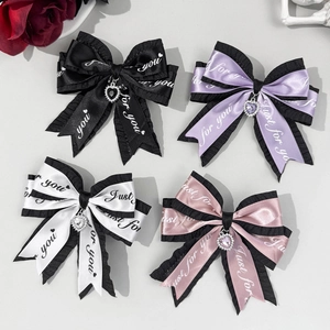 Handmade Lolita Gothic Heart Bow Hair Clip Ruffle Webbing Ribbon Hairpin With Rhinestone Heart Pendant Hair Accessory For Women