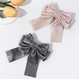 Handmade Metallic Luster Large Bow Hair Clip Pleated Ribbon Back Tail Hairclip For Women Elegant Retro Fashion Hair Accessory