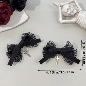 Gothic black lace bow hair clips with silver cross pendant in dark aesthetic style