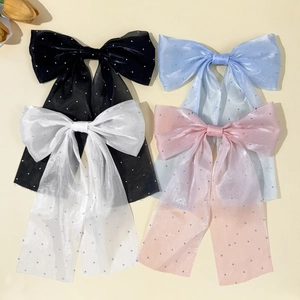 Elegant Mesh Bow Hair Clip With Rhinestone Large Bowknot Long Ribbon Fairy Style Sweet Hair Accessory For Women Teen Girls
