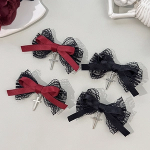 Gothic Dark Style Lace Bow Hair Clips For Women With Silver Cross Pendant Lolita Individual Pins Side Hair Accessories