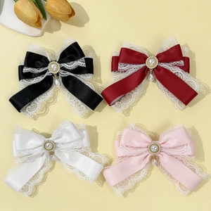 Lolita Style Lace Bowknot Hair Clip With Artificial Pearl Pendant Sweet Vintage Satin Ribbon Hairpin For Women Girls Hair Accessories