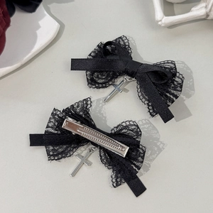 Gothic black lace bow hair clip with silver cross pendant and metal duckbill clip