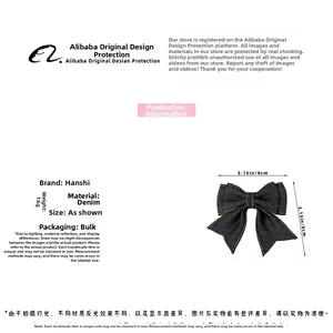 Detailed view showing a handmade denim bow hair clip with brown stitching, size 8x8cm