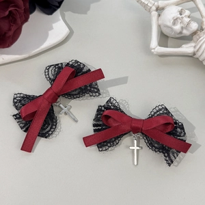 Gothic style bow hair clips with black lace and dark red ribbon featuring silver cross charms