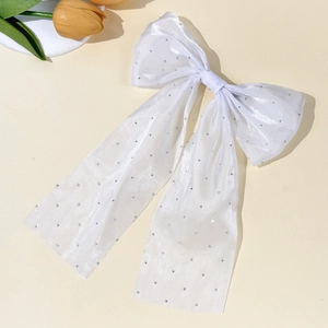Elegant white mesh bow hair clip with silver rhinestones and long flowing ribbons