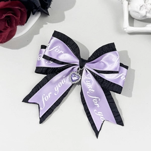Gothic Lolita bow hair clip with purple satin ribbon, ruffles and heart gemstone